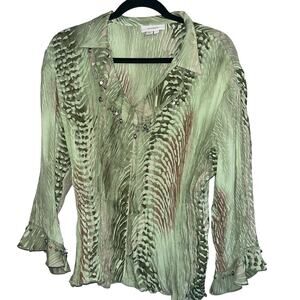 DressBarn Sheer Green Y2K Vintage Snap Up Beaded Flare Wrist Long sleeve Blouse